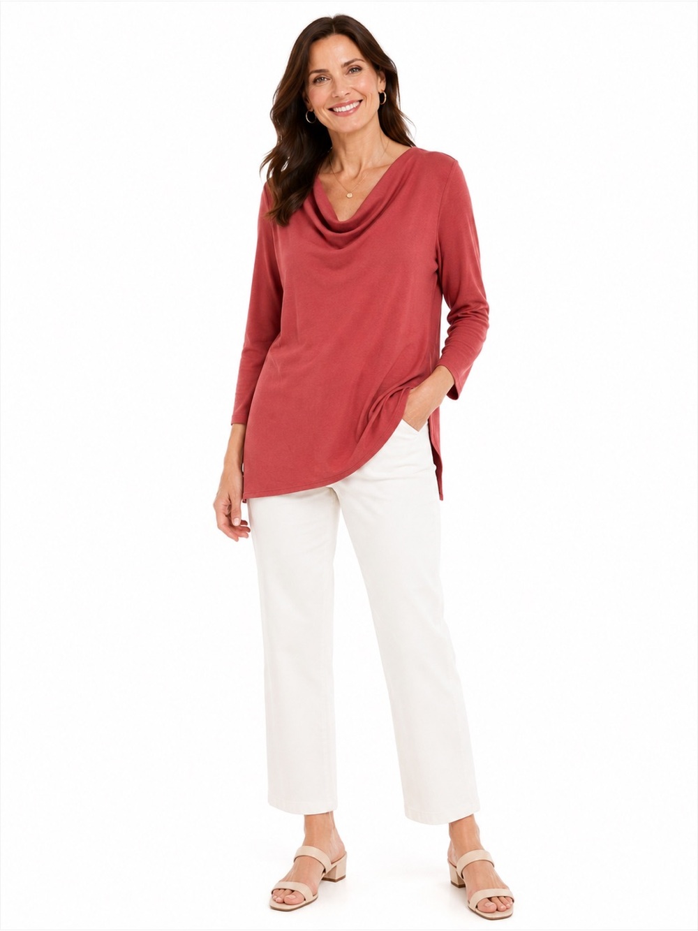 ROZ & ALI Women’s 1X Burnt Orange Cowl Neck Asymmetrical Tunic Top Long Sleeve